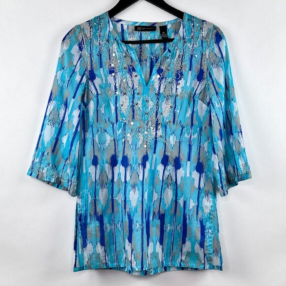 INC Petite Cotton V Neck Side Slits Sequins Embroidery 3/4 Sleeves Size 4P - Picture 1 of 12